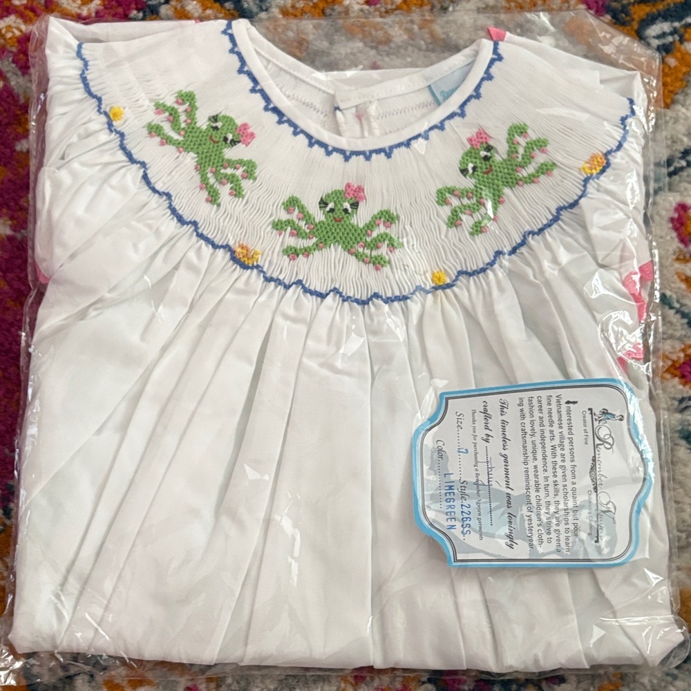 White Smocked Dress with Green Octopus Embroidery